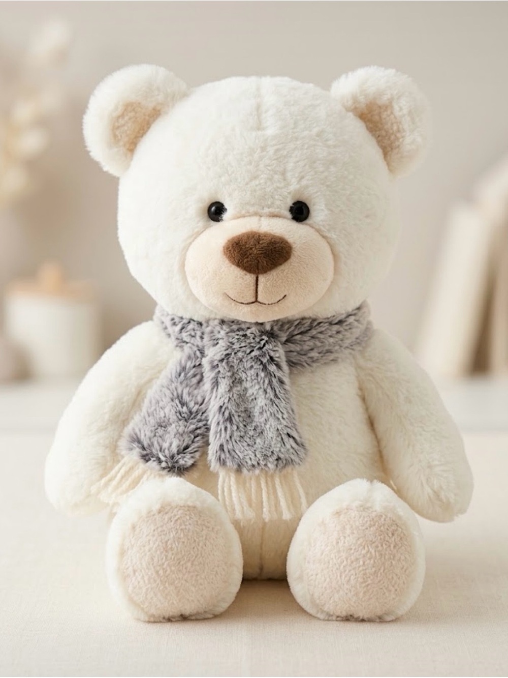 Animal Adventure White Teddy Bear Plush with Grey Fuzzy Scarf - NWOT